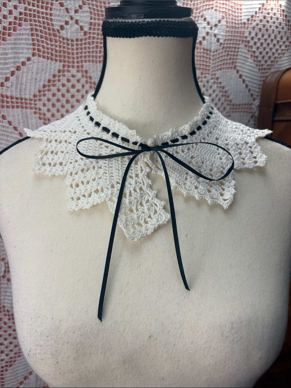 Vintage Hand Crochet Lace Collar White Black Ribbon Cottagecore Victorian Style